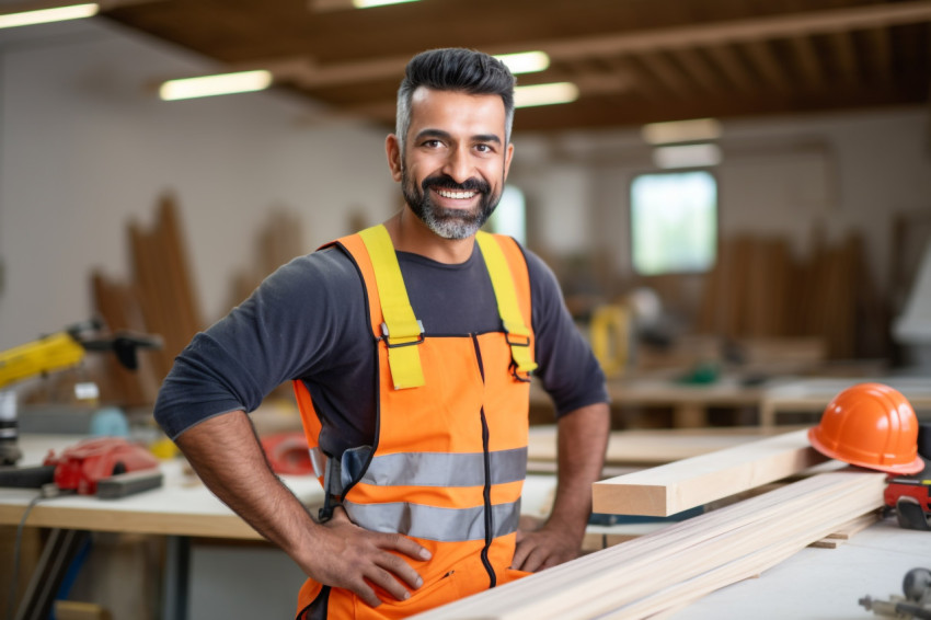 Indian carpenter working on blurred background