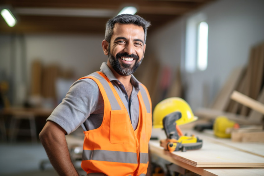 Indian carpenter working on blurred background