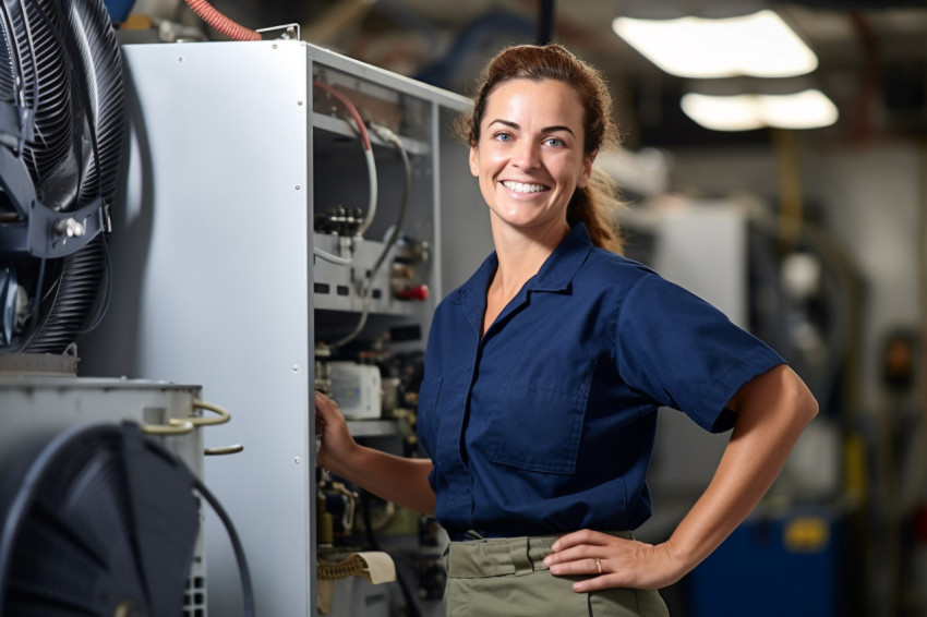 Female HVAC technician hard at work