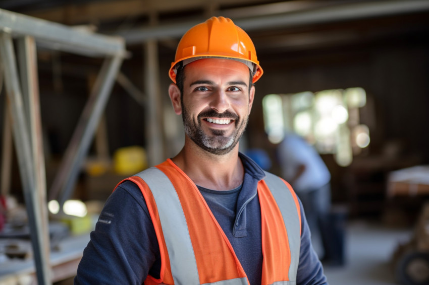 Smiling construction worker at work on blurred background