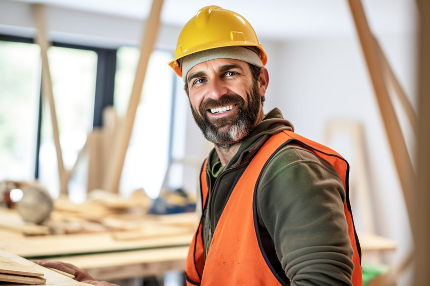 Cheerful construction worker smiling on blurred background