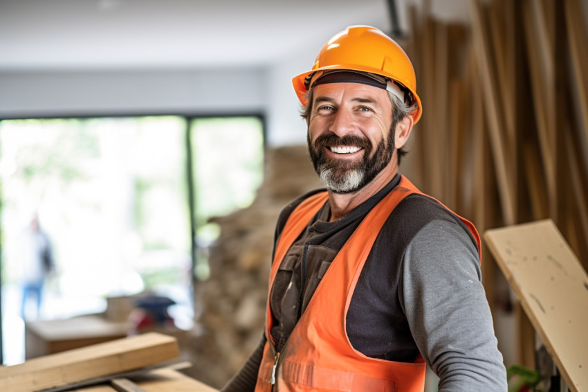 Cheerful construction worker smiling on blurred background