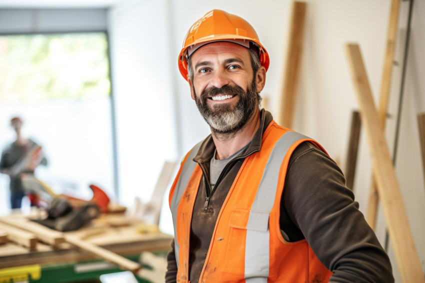 Cheerful construction worker smiling on blurred background