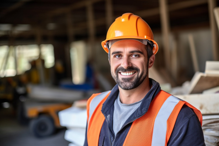 Smiling construction worker at work on blurred background