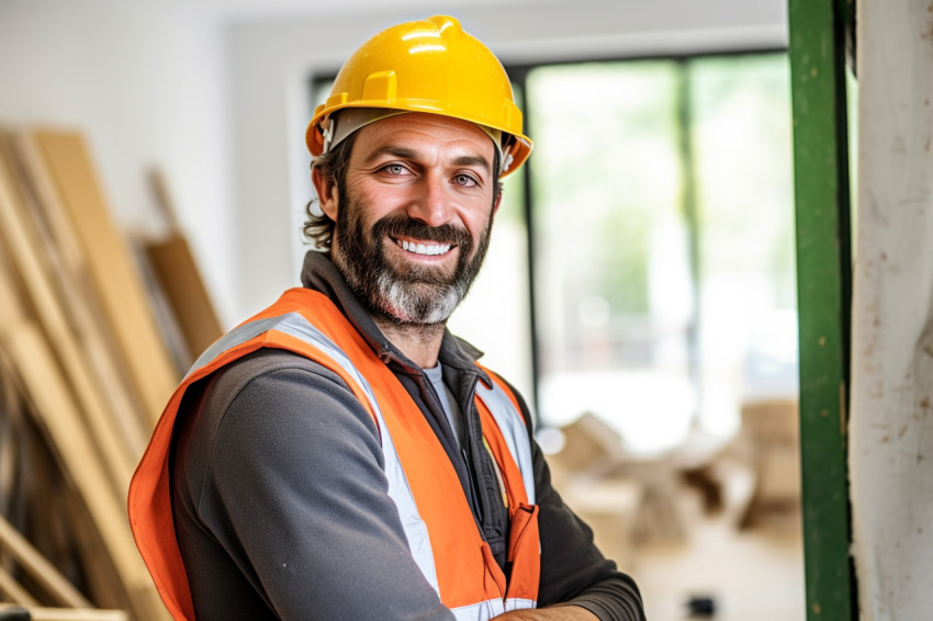 Cheerful construction worker smiling on blurred background