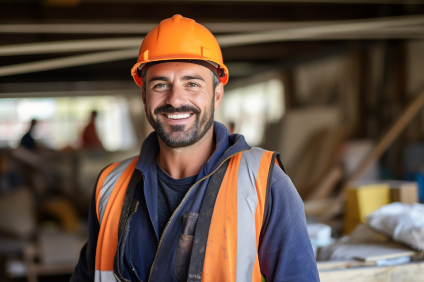 Smiling construction worker at work on blurred background