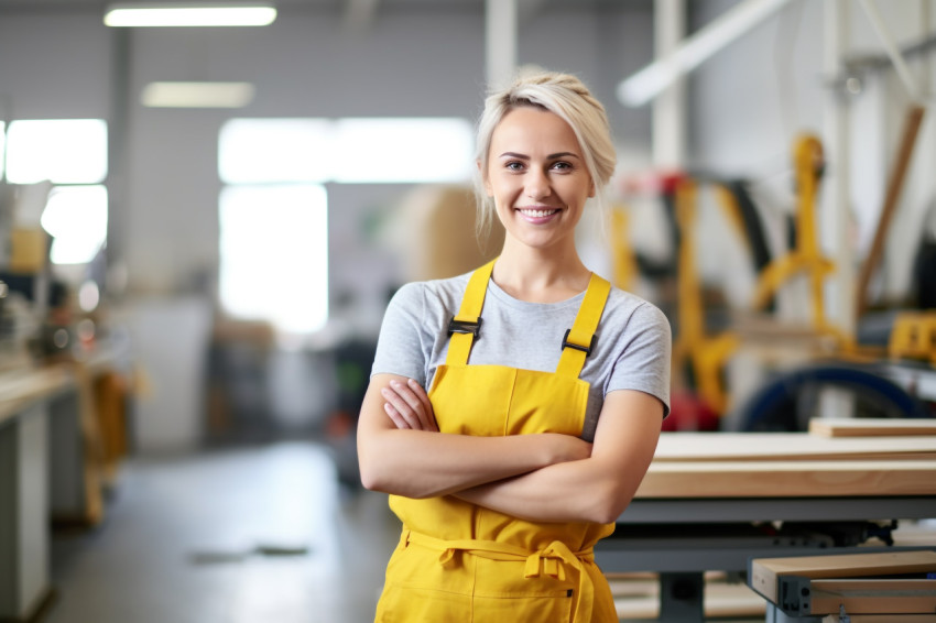 Smiling female mason working on blurred background