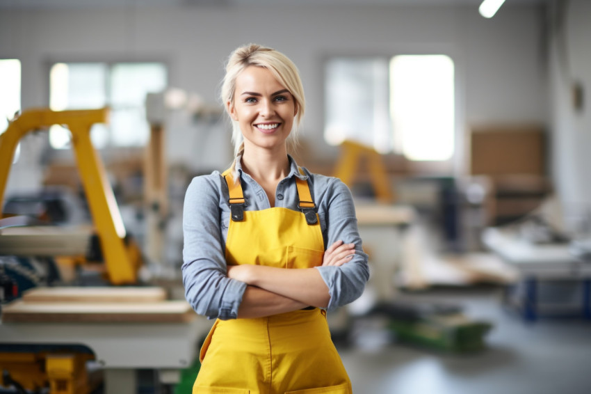 Smiling female mason working on blurred background