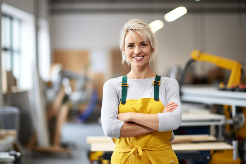 Smiling female mason working on blurred background