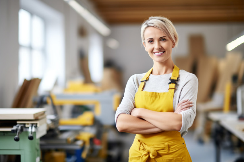 Smiling female mason working on blurred background