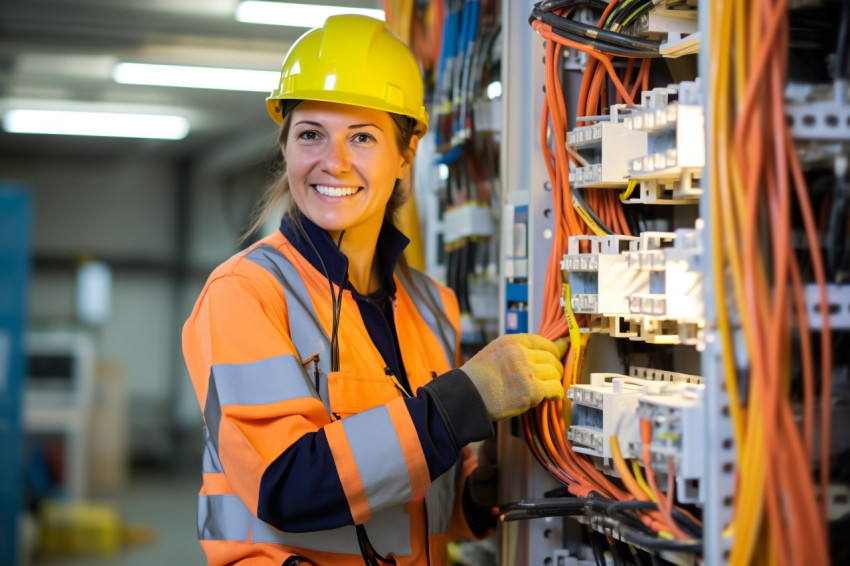 Smiling female electrician working on blurred background