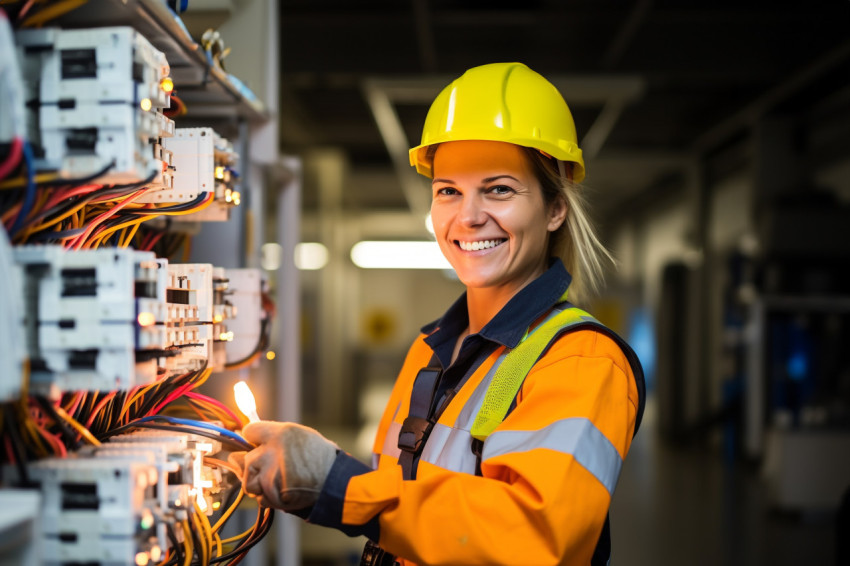 Smiling female electrician working on blurred background