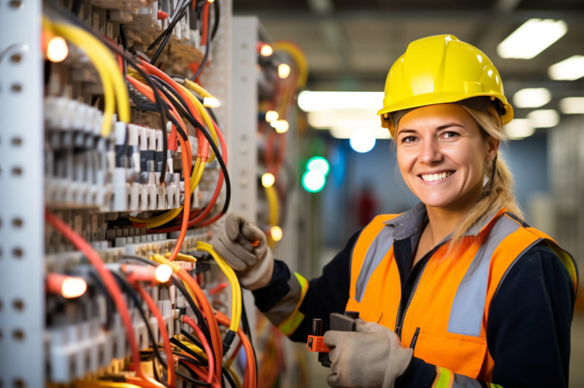 Smiling female electrician working on blurred background