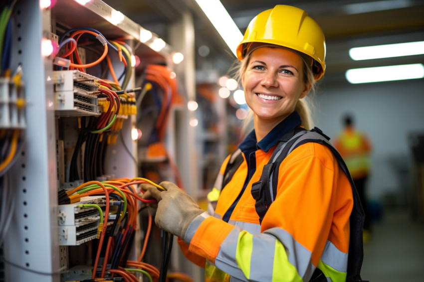 Smiling female electrician working on blurred background