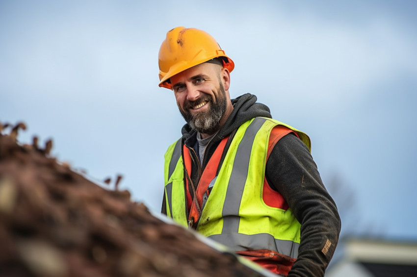 Smiling roofer working on roof