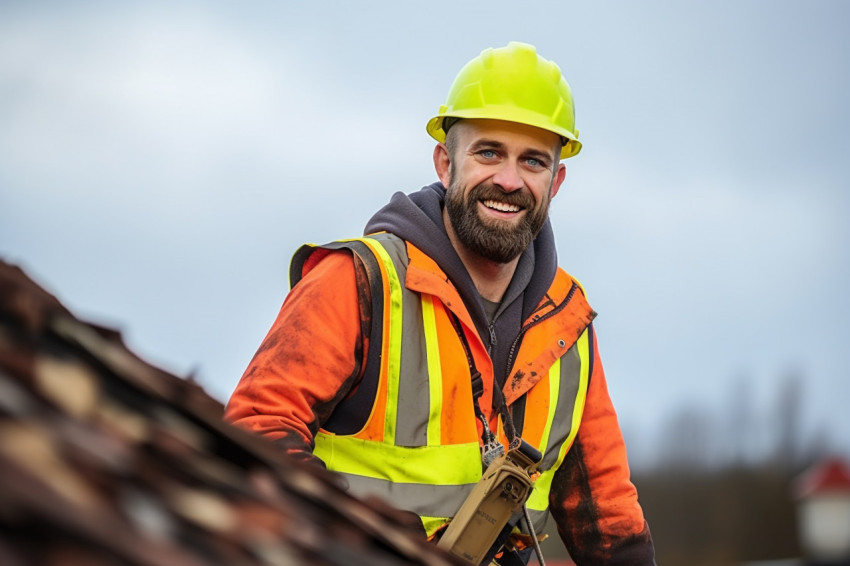 Smiling roofer working on roof