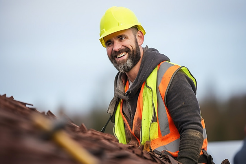 Smiling roofer working on roof