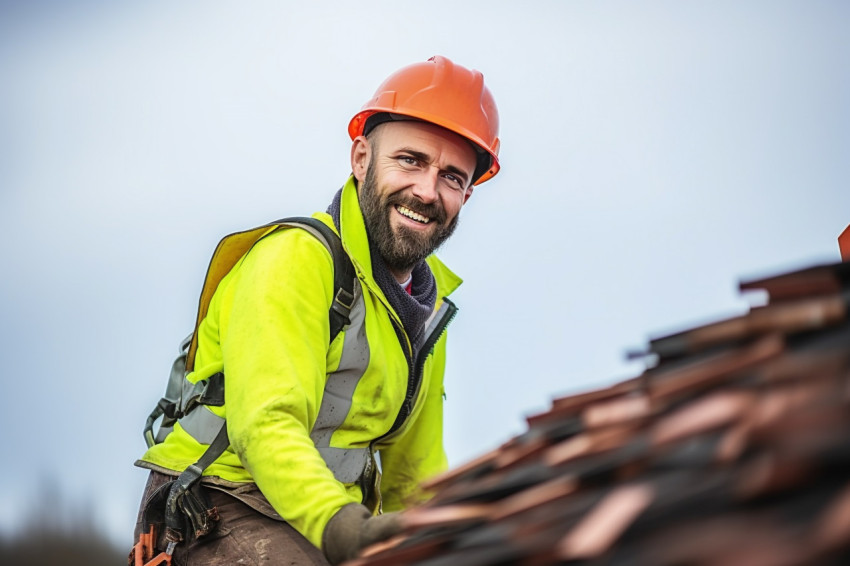 Smiling roofer working on roof