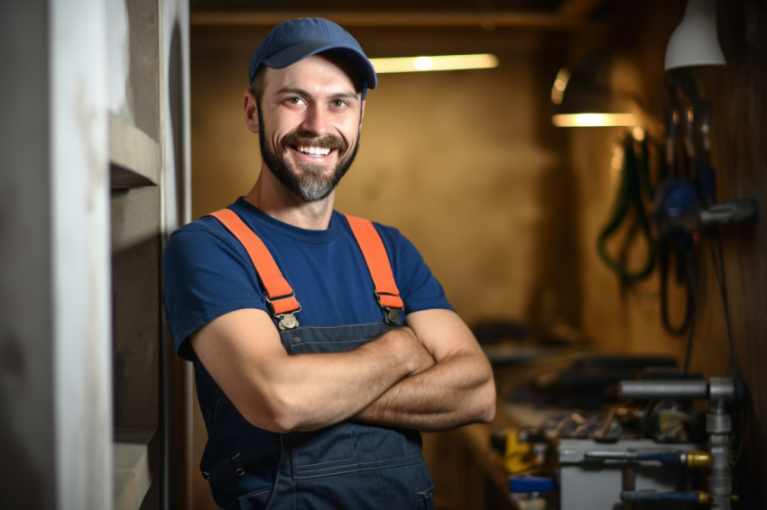 Plumber working on blurred background