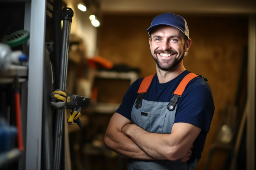 Plumber working on blurred background