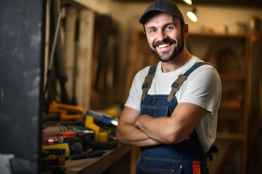 Plumber working on blurred background