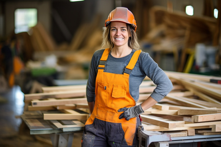 Happy female construction worker smiling on blurred