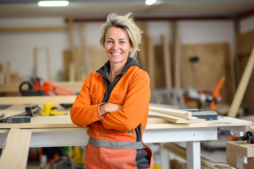 Happy female construction worker smiling on blurred