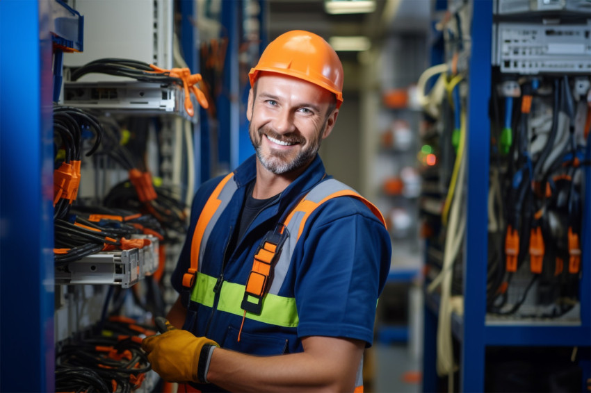 Electrician smiling at work on blurred background