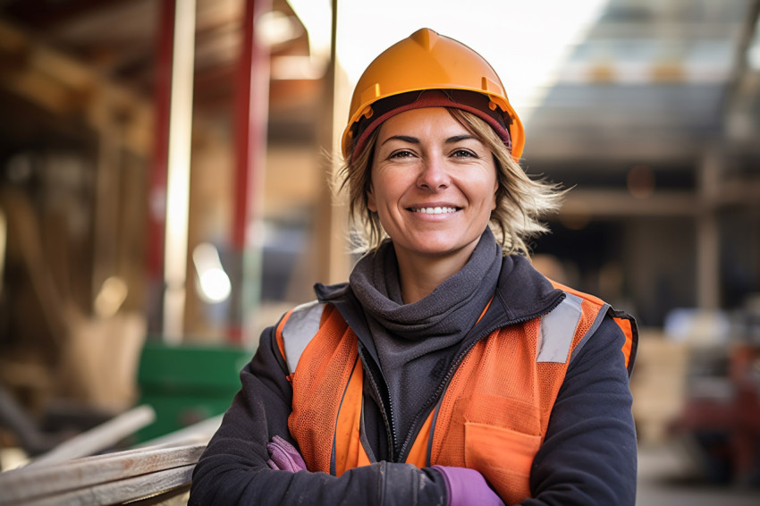 Happy female construction worker smiling on blurred