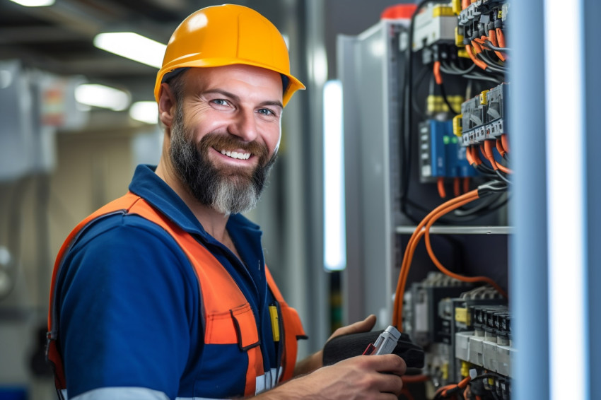 Electrician smiling at work on blurred background