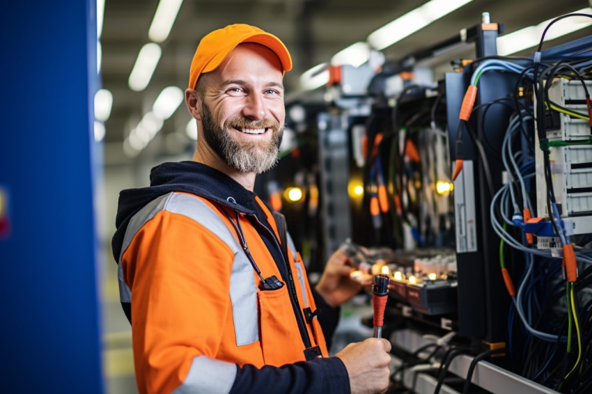 Electrician smiling at work on blurred background