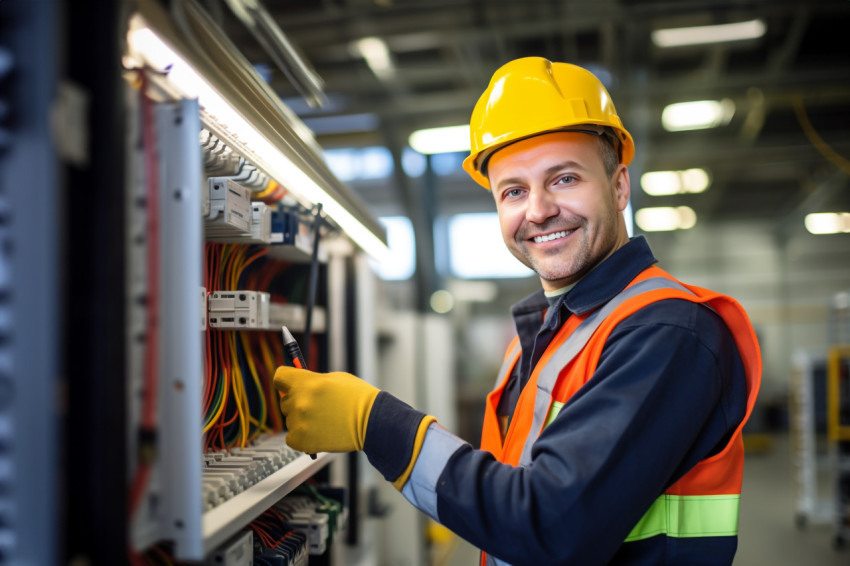 Electrician smiling at work on blurred background