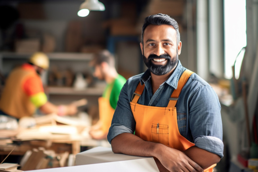 Smiling Indian mason working blurred background