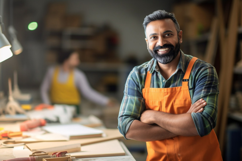 Smiling Indian mason working blurred background