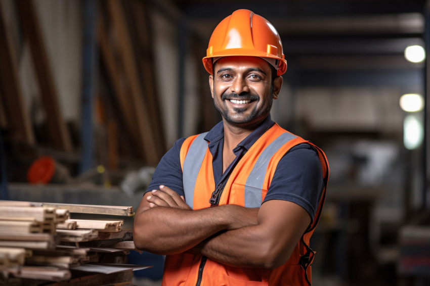 Smiling Indian construction worker on blurred background