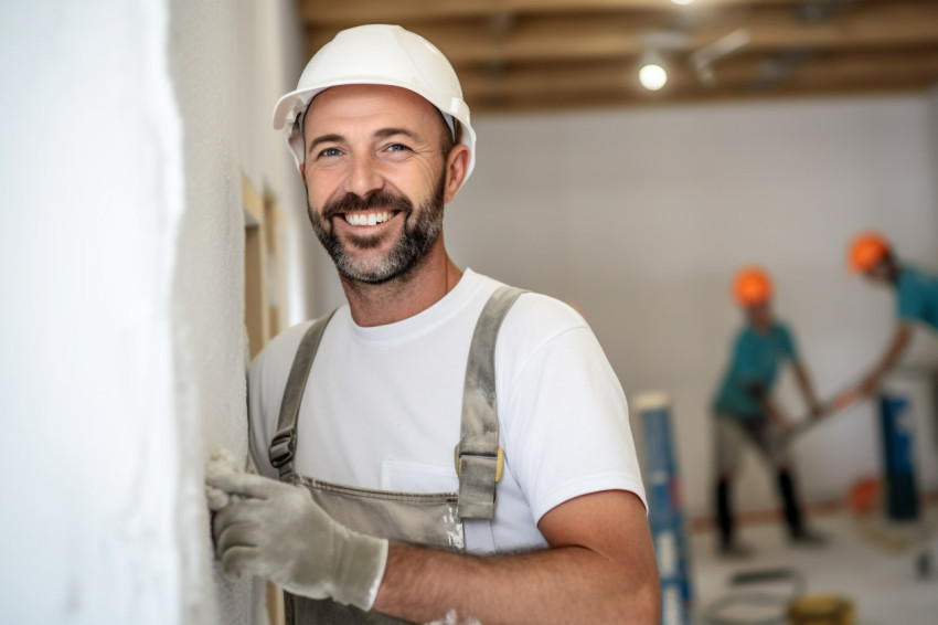 Drywall contractor working on a blurred background