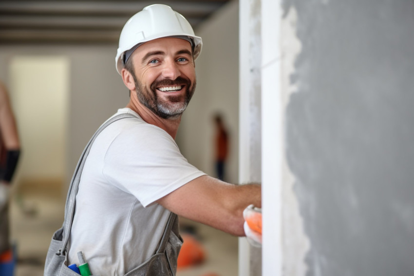 Drywall contractor working on a blurred background