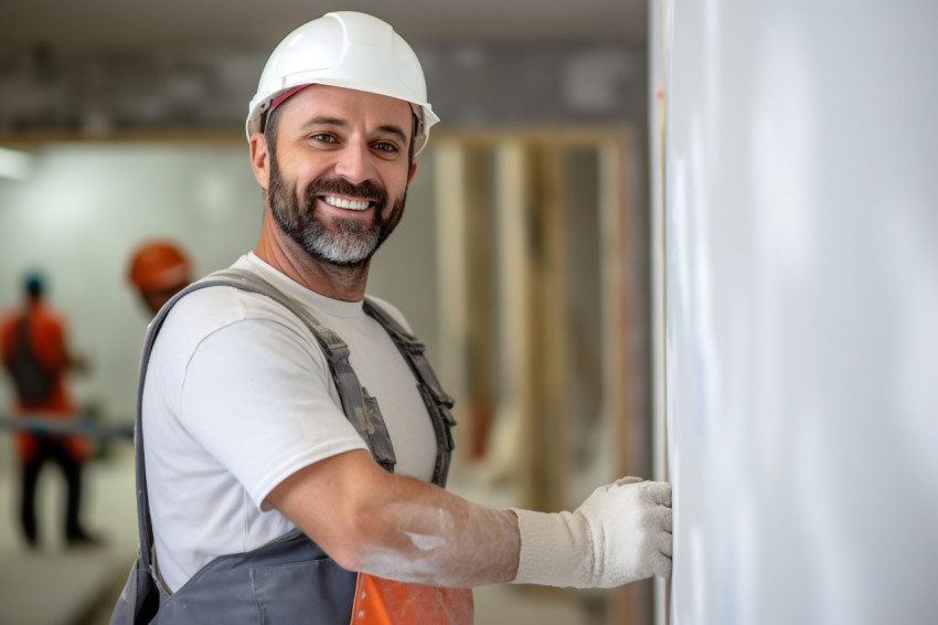 Drywall contractor working on a blurred background