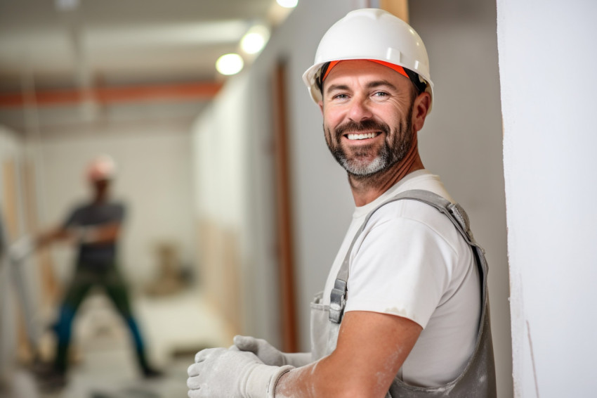 Drywall contractor working on a blurred background