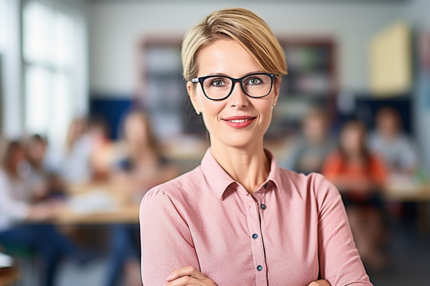 Female teacher working on blurred background