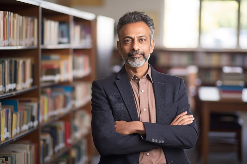 Indian male professor working on blurred background