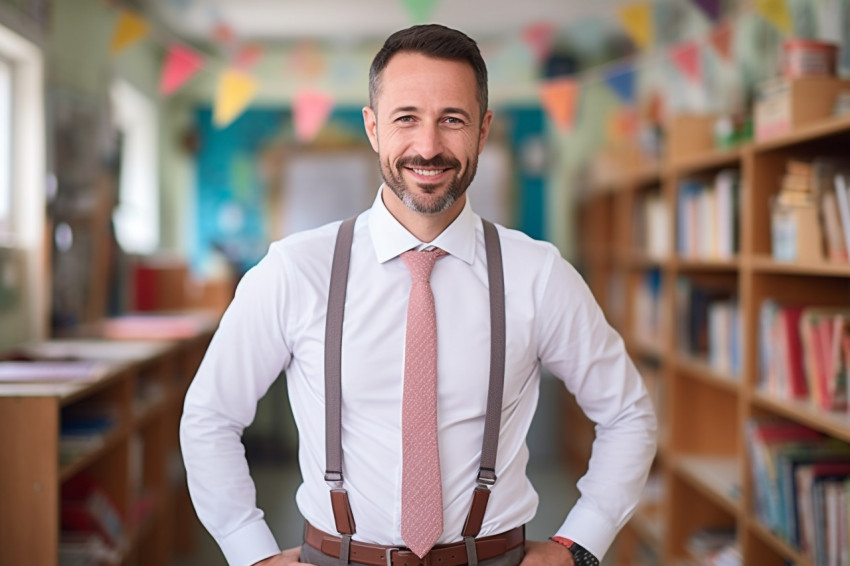 Confident male kindergarten teacher teaching with blurred background