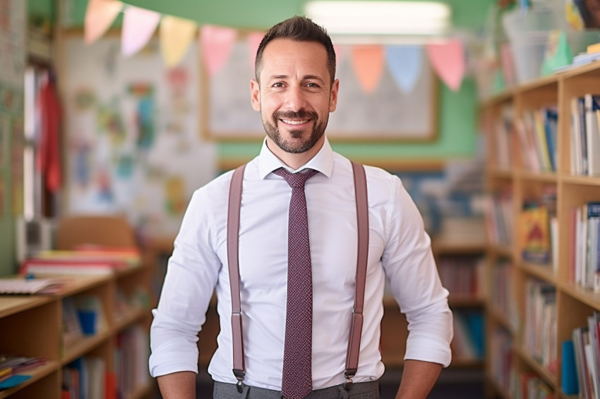 Confident male kindergarten teacher teaching with blurred background