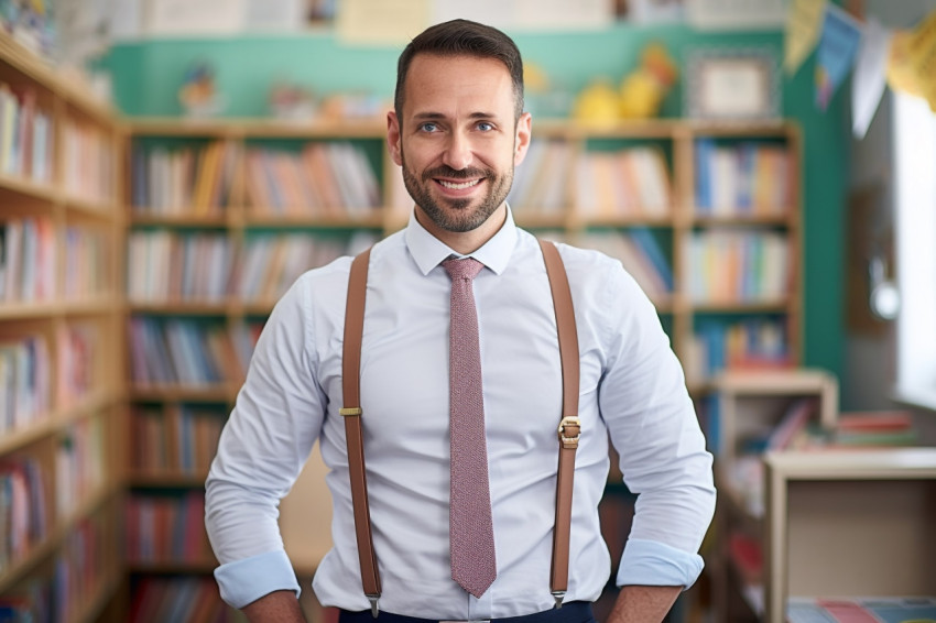 Confident male kindergarten teacher teaching with blurred background