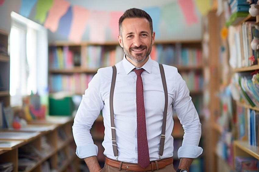 Confident male kindergarten teacher teaching with blurred background