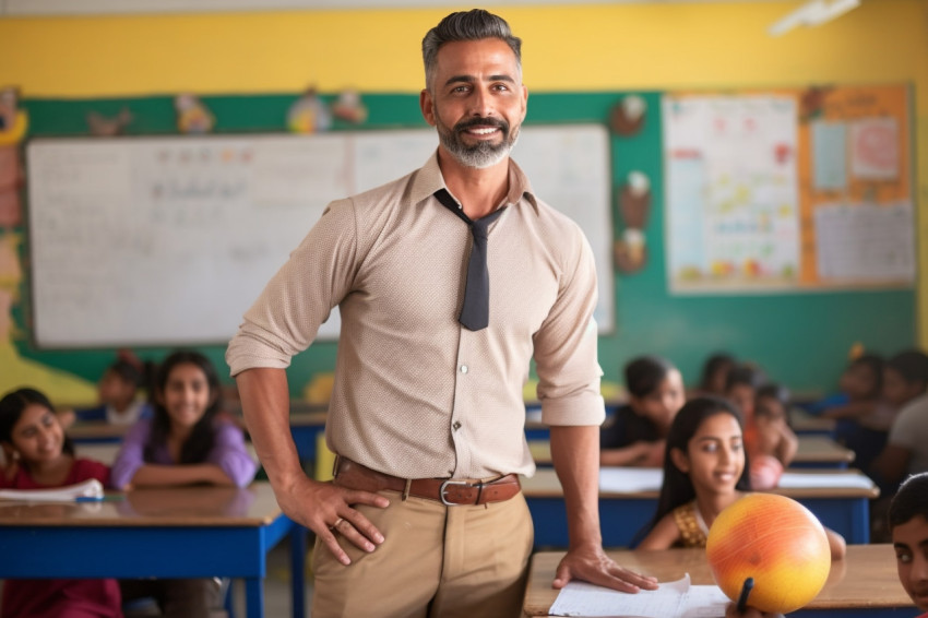 Indian male PE teacher works with students on blurred background