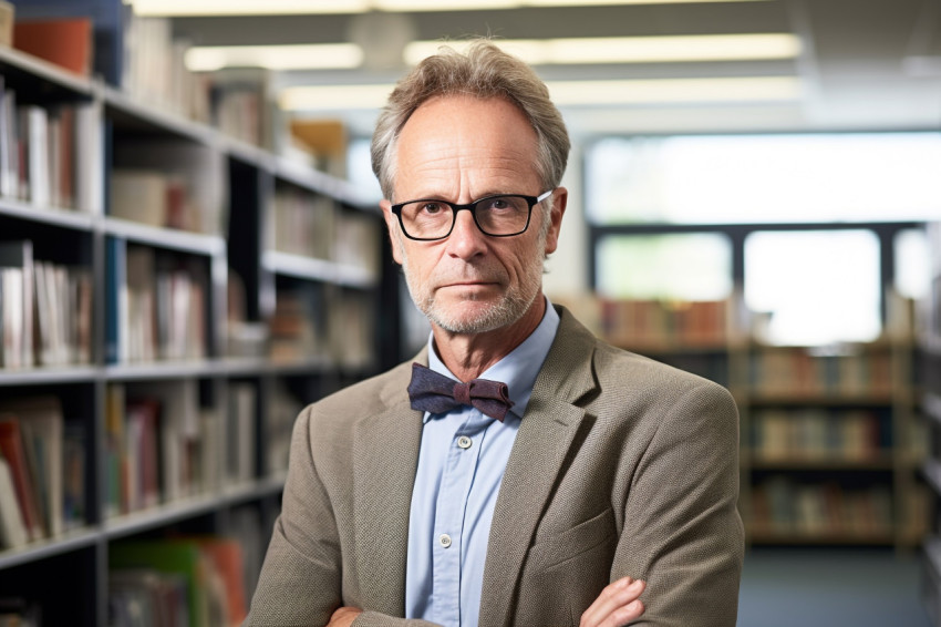 Male professor working on blurred background