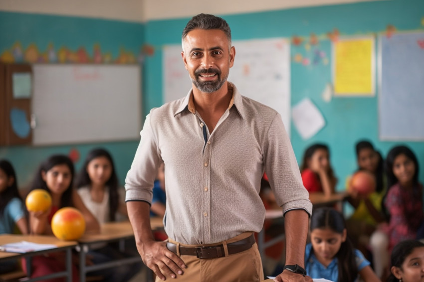 Indian male PE teacher works with students on blurred background