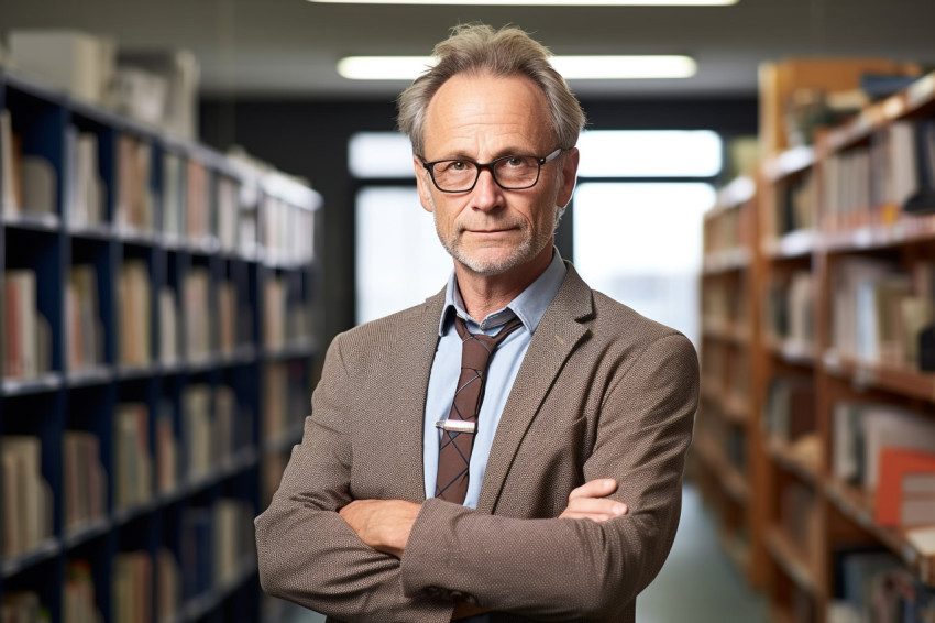 Male professor working on blurred background