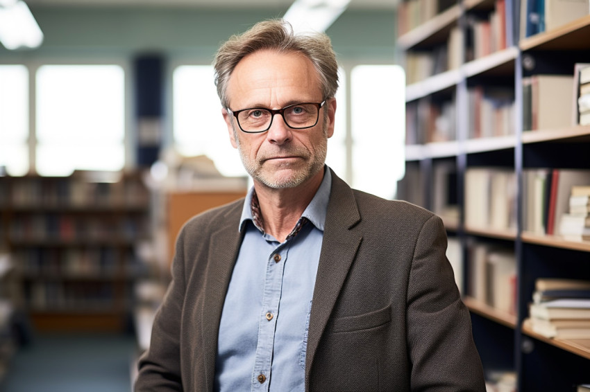 Male professor working on blurred background